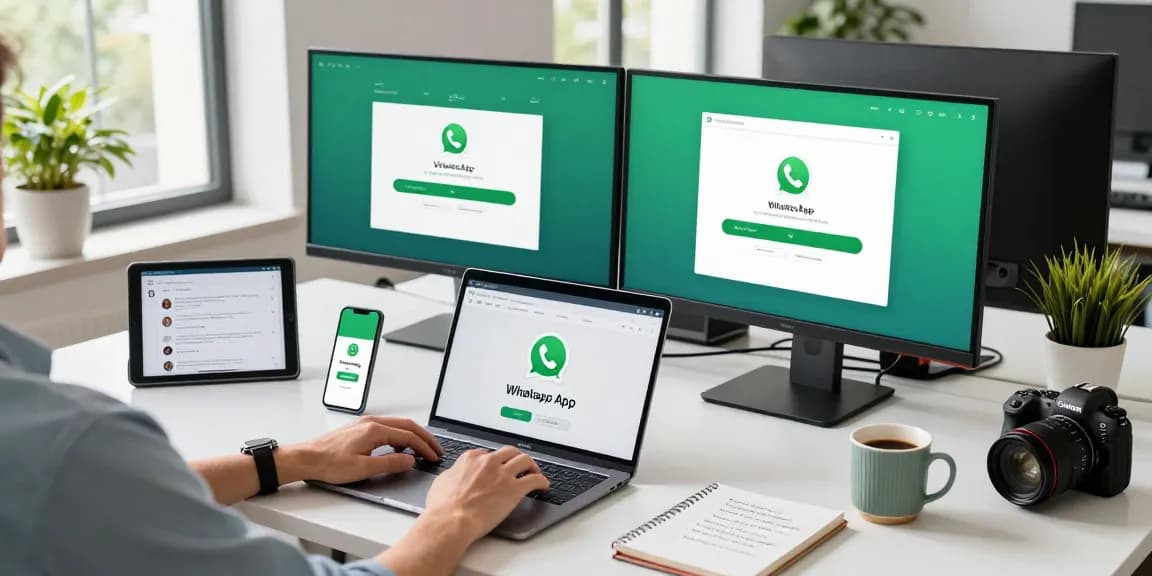 Stay updated with WhatsApp下載 on your device in a modern tech workspace.