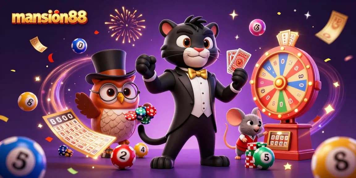 Experience the thrill of mansion88 with a vibrant 3D illustration of a stylish panther, owl, and mouse in a lively casino setting.