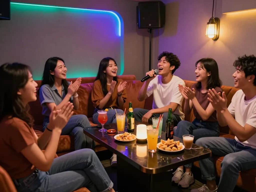 www.3no.org/seo의 프라이빗 노래방에서 함께 노래하는 친구들, 활기찬 분위기에서 음료와 간식을 즐기고 있습니다.