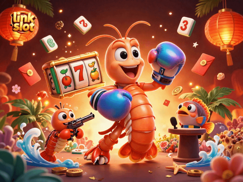 Engage with link slot dynamics in a vibrant, playful casino-themed 3D scene.