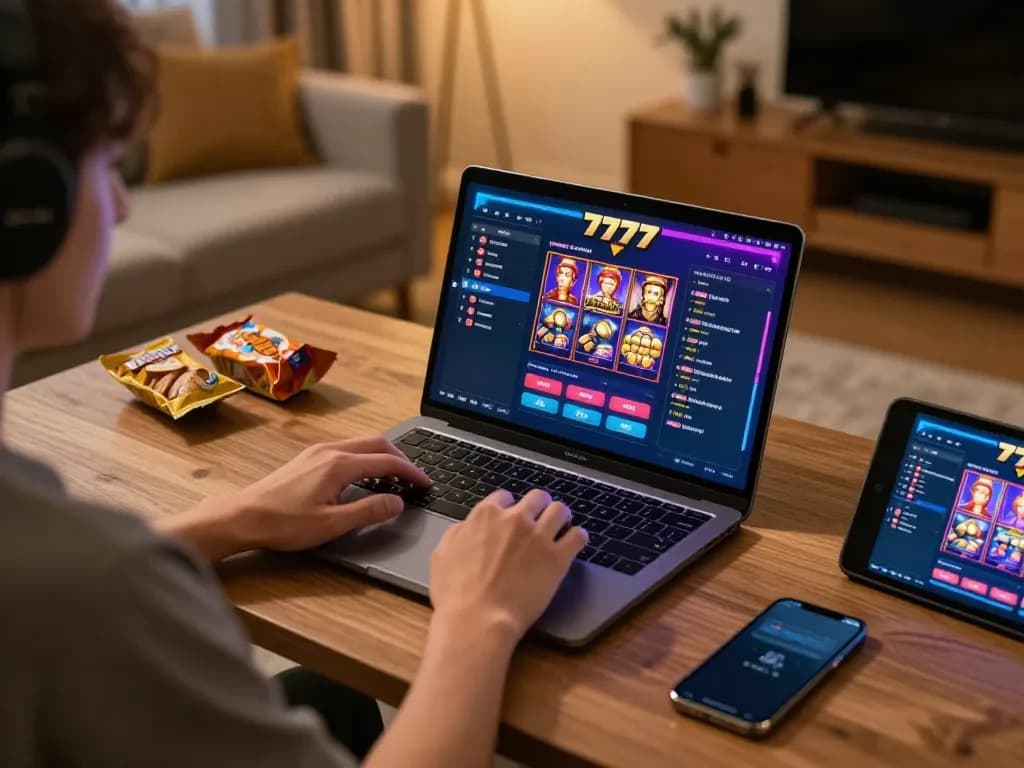 Engaged gamer playing slot77 on laptop with dynamic interface showcased in a cozy home setting