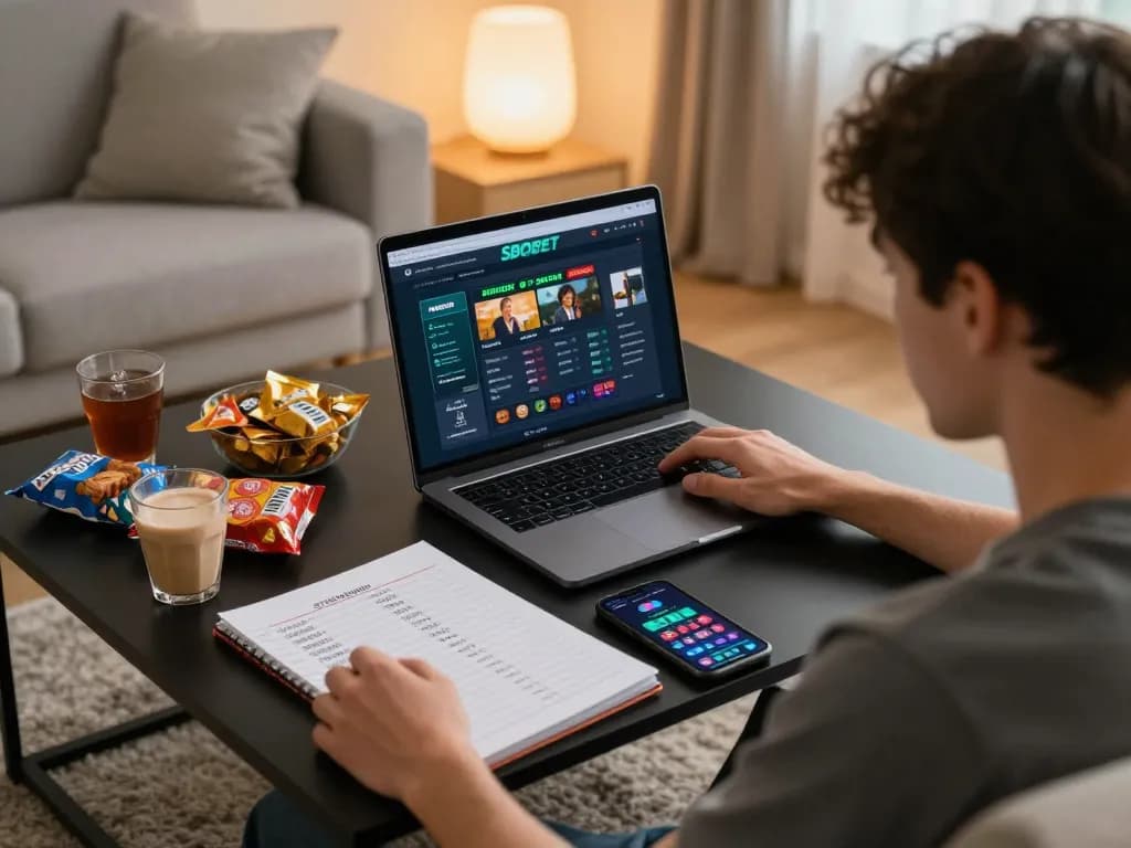 SBOBET user engaging in online betting on a laptop amidst cozy home surroundings, showcasing immersive gameplay.