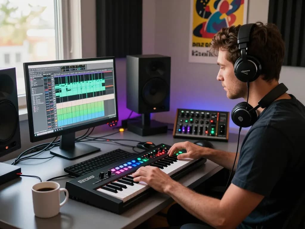 Audio engineer using SC88 sound module in modern music studio setup