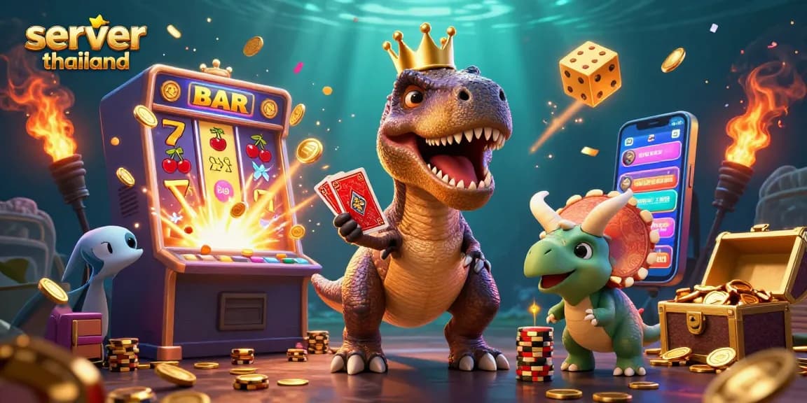 Experience the excitement of server thailand slots with a vibrant scene of T-Rex and friends winning big!