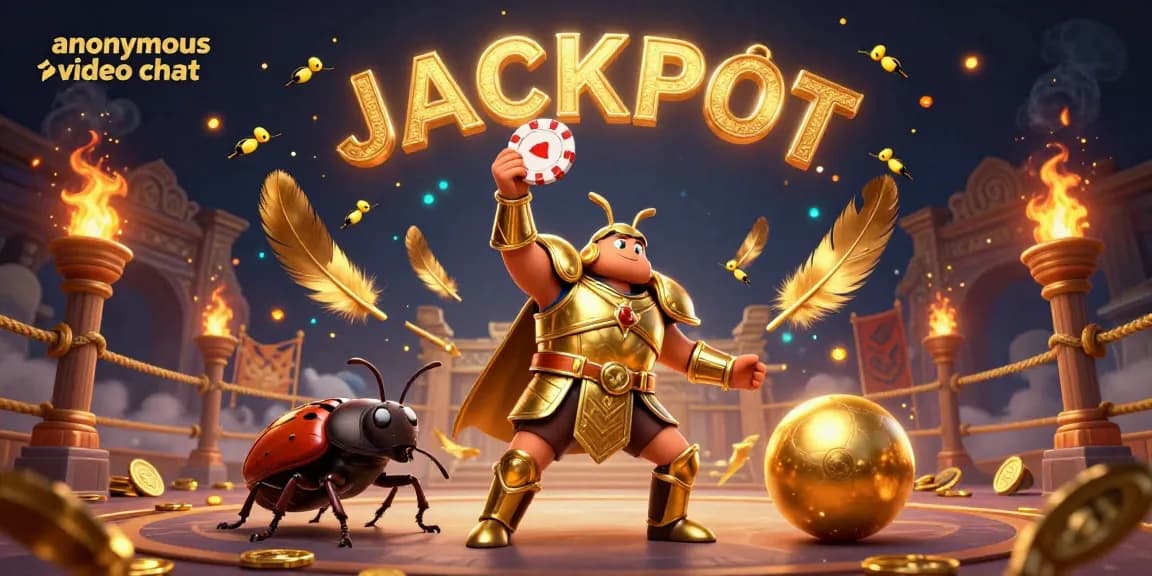 Engage in anonymous video chat with vibrant characters celebrating a jackpot in a thrilling casino atmosphere.