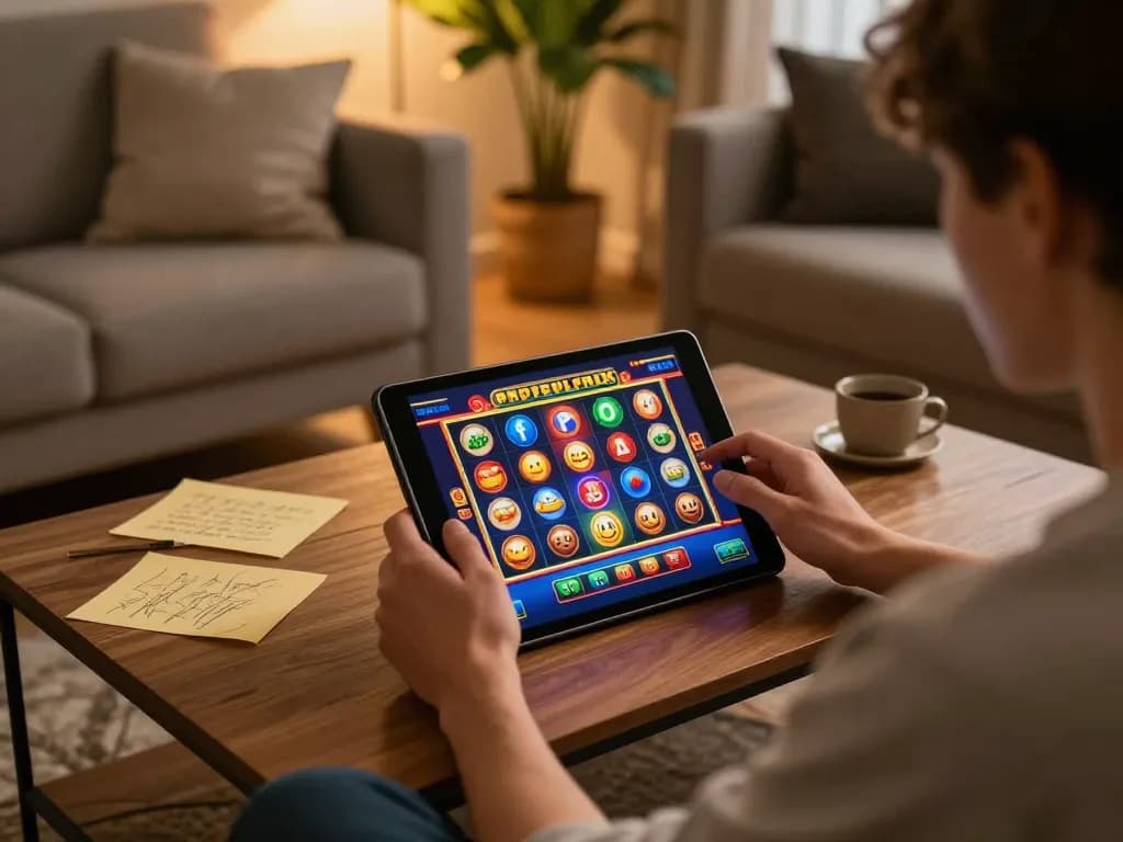 ผู้ใช้ FAFA828 กำลังเล่นเกมสล็อตออนไลน์บนแท็บเล็ตในบรรยากาศที่อบอุ่นที่บ้าน แสดงกราฟิกเกมที่มีสีสันสดใส
