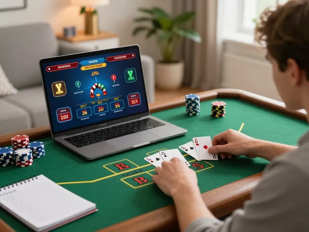 Engaged player strategizing with giường bệnh nhân gaming setup, high-stakes blackjack session on laptop screen.
