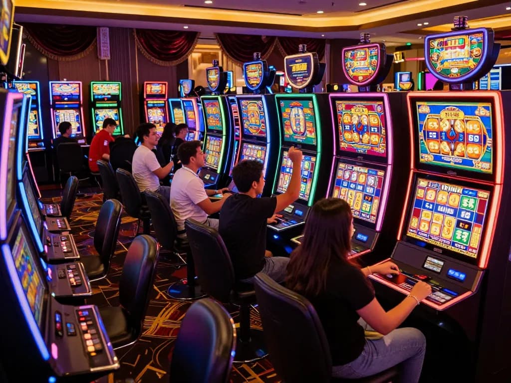 Players celebrate a win on exciting slot gacor machines in a vibrant casino atmosphere.