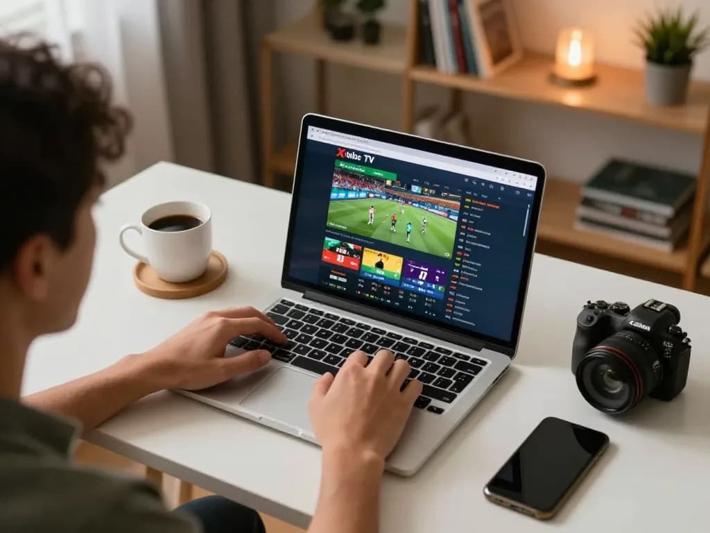 Xoilac TV user analyzing sports betting odds on laptop in a cozy home setting, promoting responsible gambling.