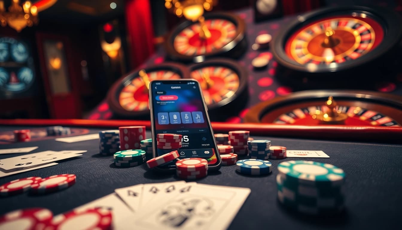 Scène passionnante d'un casino en ligne avec des jetons de poker colorés et une roue de roulette.