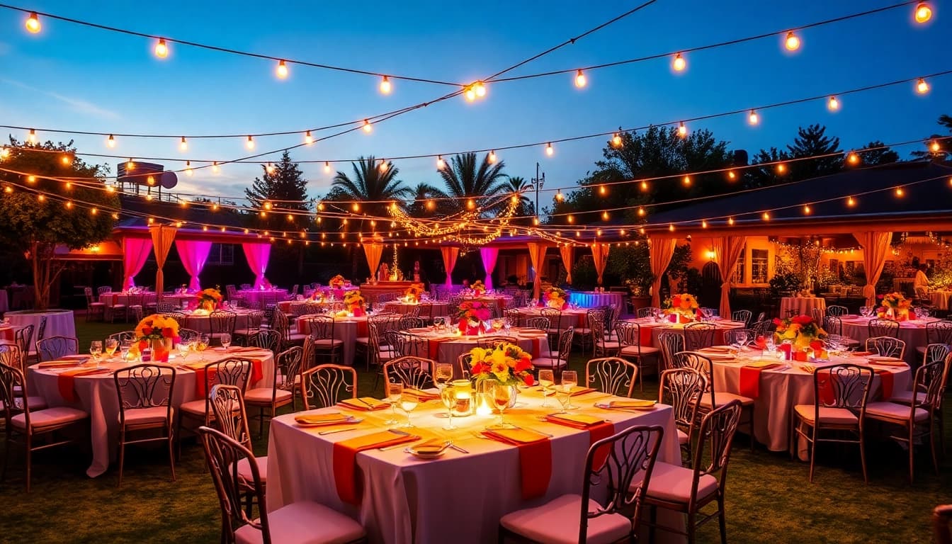 Vibrant party rentals setup showcasing festive decorations and inviting atmosphere.