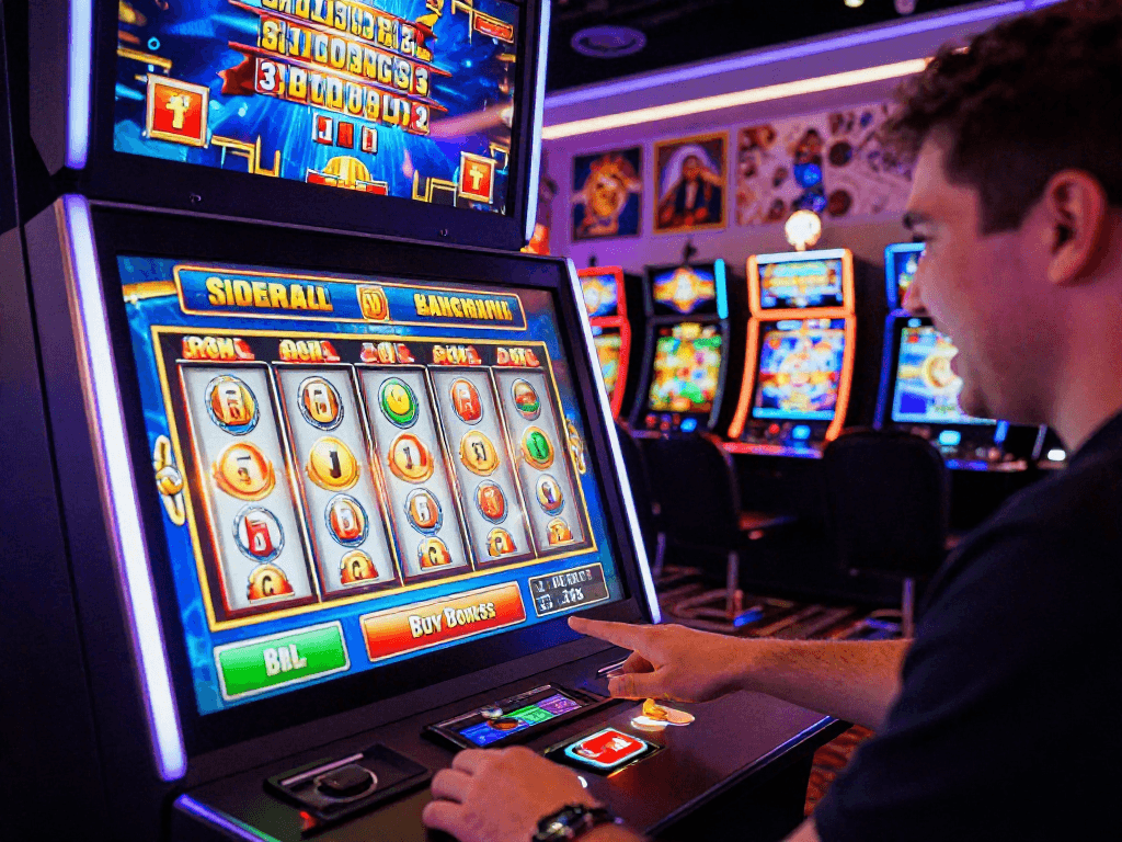Player enjoying online slots with bonus buys, showcasing vibrant graphics and excitement in a modern gaming room.