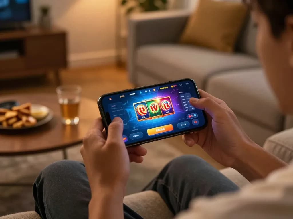 Engaged player using เว็บสล็อต app on smartphone, enjoying online gambling from home setting.