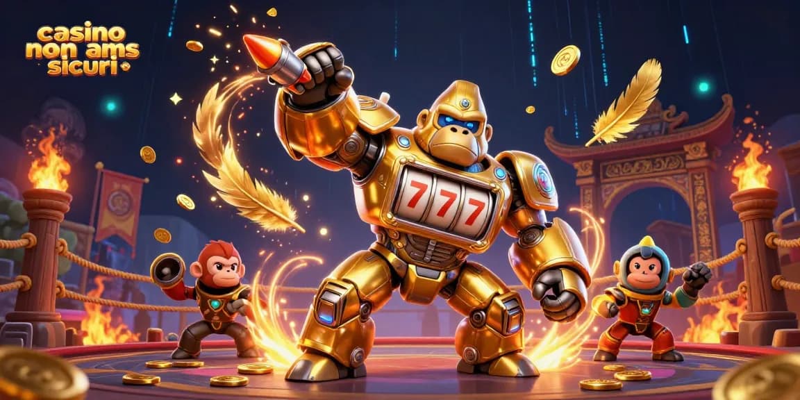 Cercando i casino non AAMS sicuri, questa illustrazione 3D mostra elementi di gioco e il gorilla mech per vincite entusiasmanti.