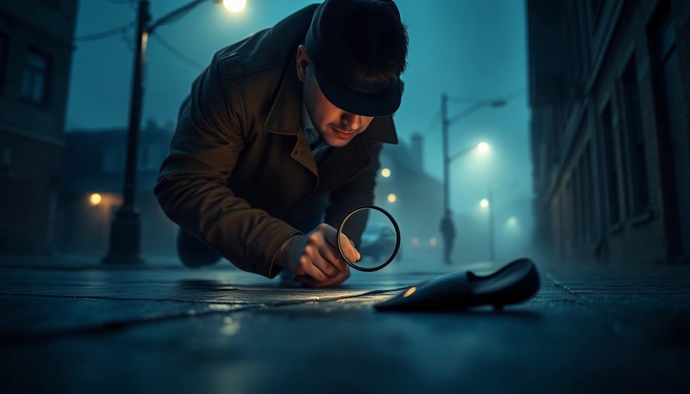 Detective examining a clue in a clean thriller setting, highlighting suspenseful urban intrigue.