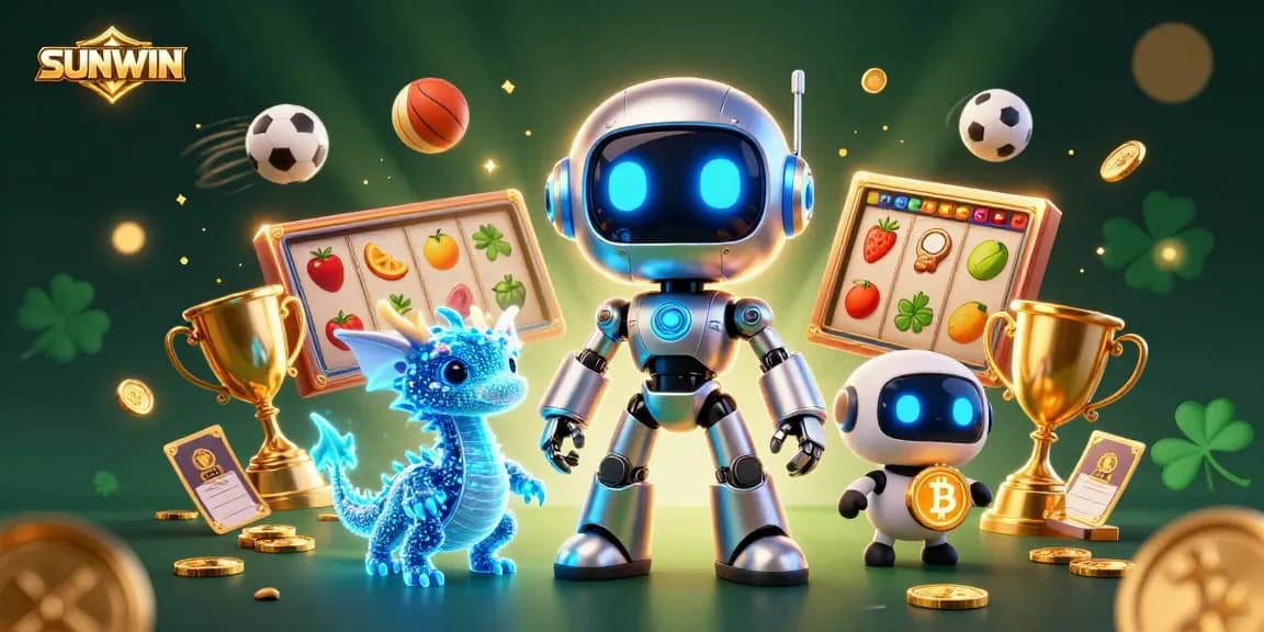 SUNWIN energizes players with vibrant 3D illustration featuring a cyberpunk robot, a holographic dragon, and a drone among slot reels.