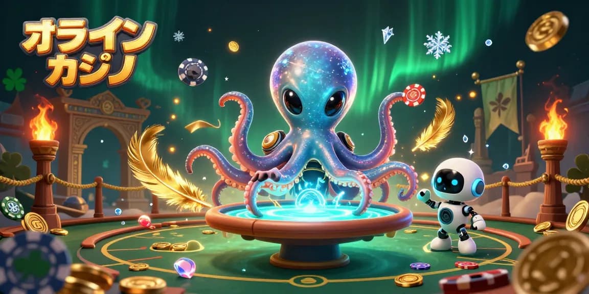 オンラインカジノでの興奮を伝える3Dイラスト、宇宙のタコとロボットがハイテクポーカーテーブルを操作し、周囲には宇宙感あふれる要素が多彩に広がる