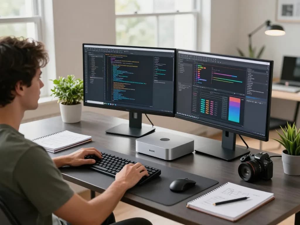 Mighty Mac mini in a developer's modern workspace with dual monitors, enhancing productivity.