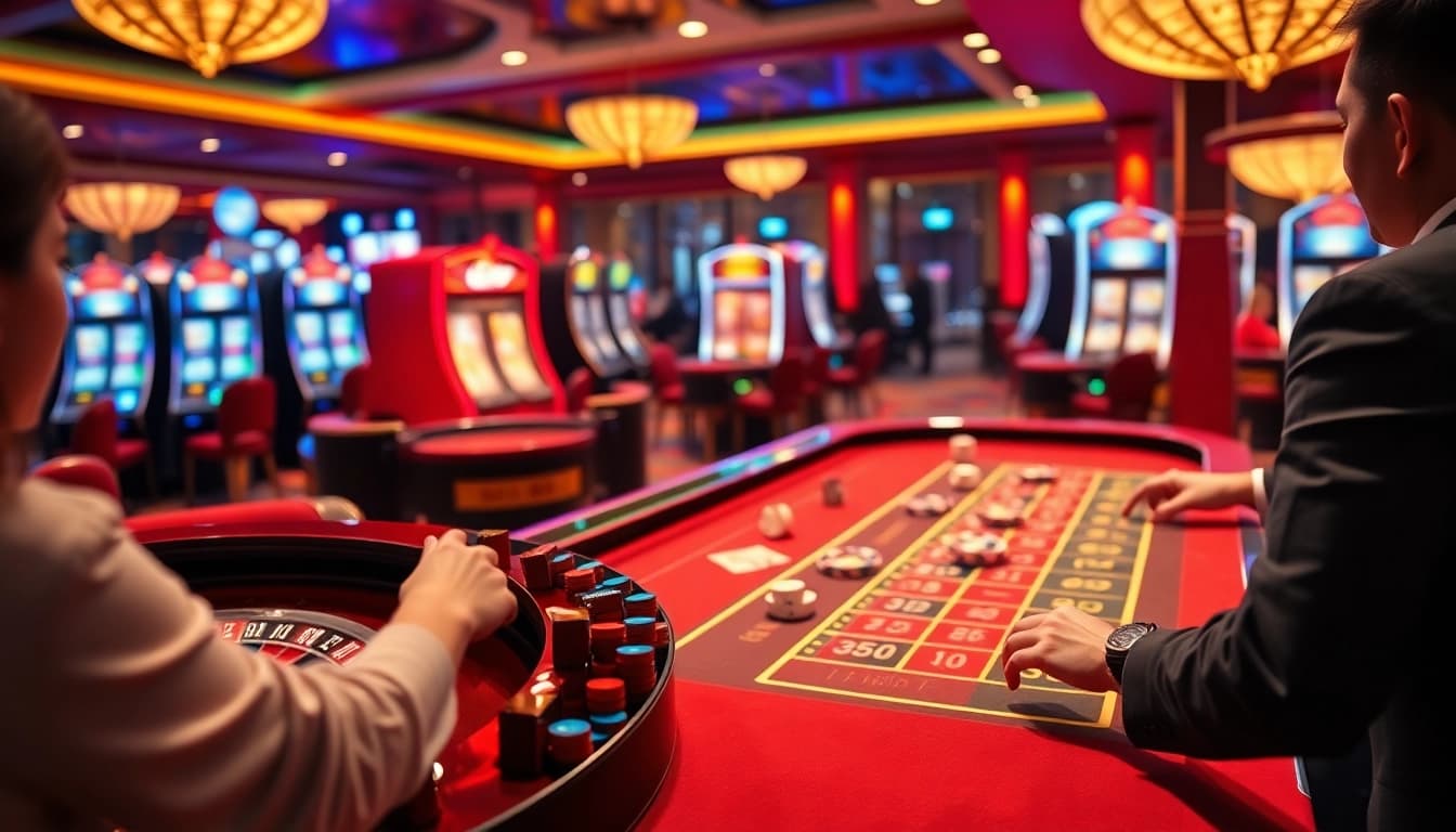 Tài xỉu md5 game table with players betting and rolling dice in a vibrant casino.