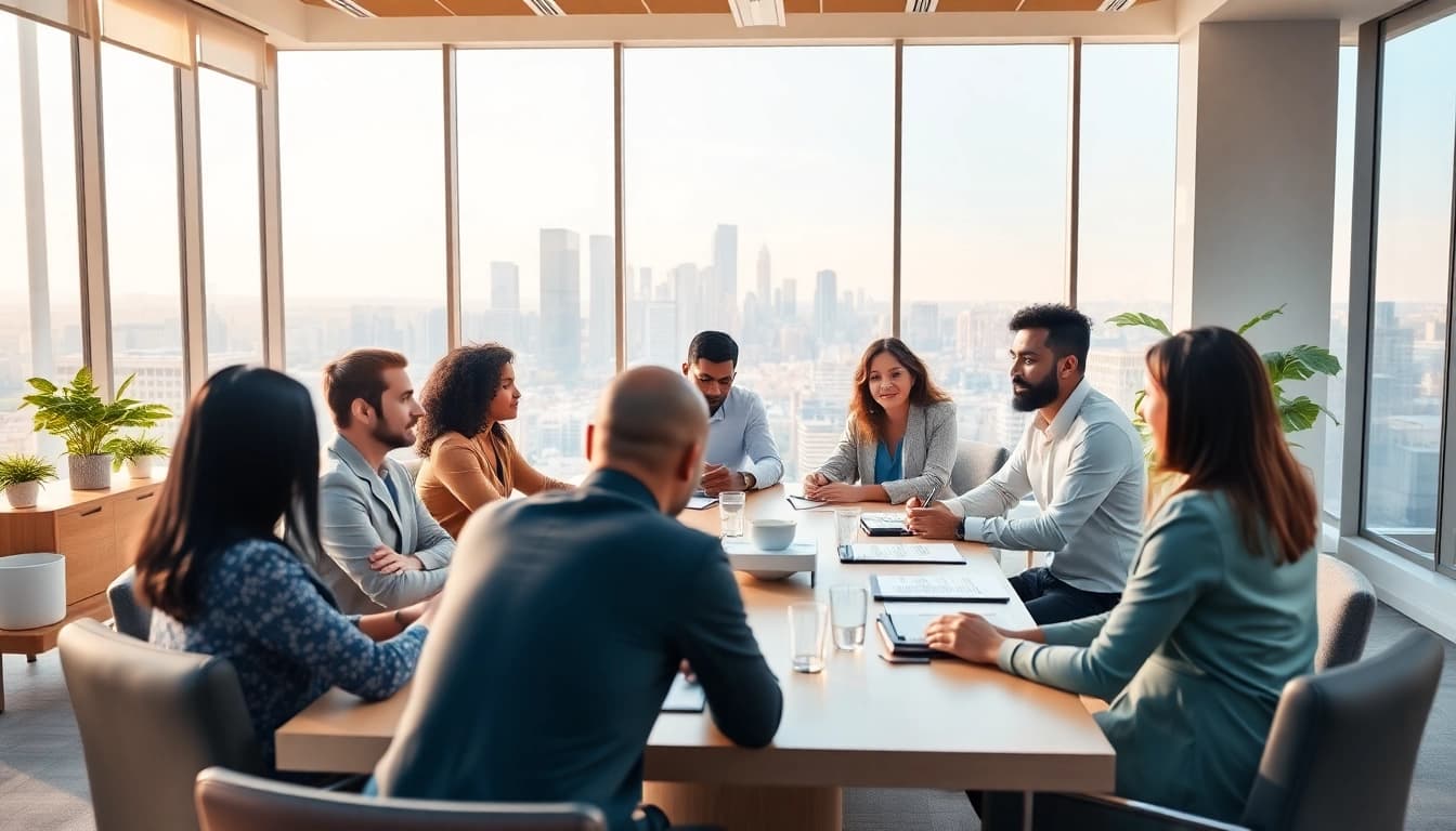 Business professionals collaborating in a bright office setting with a city view.