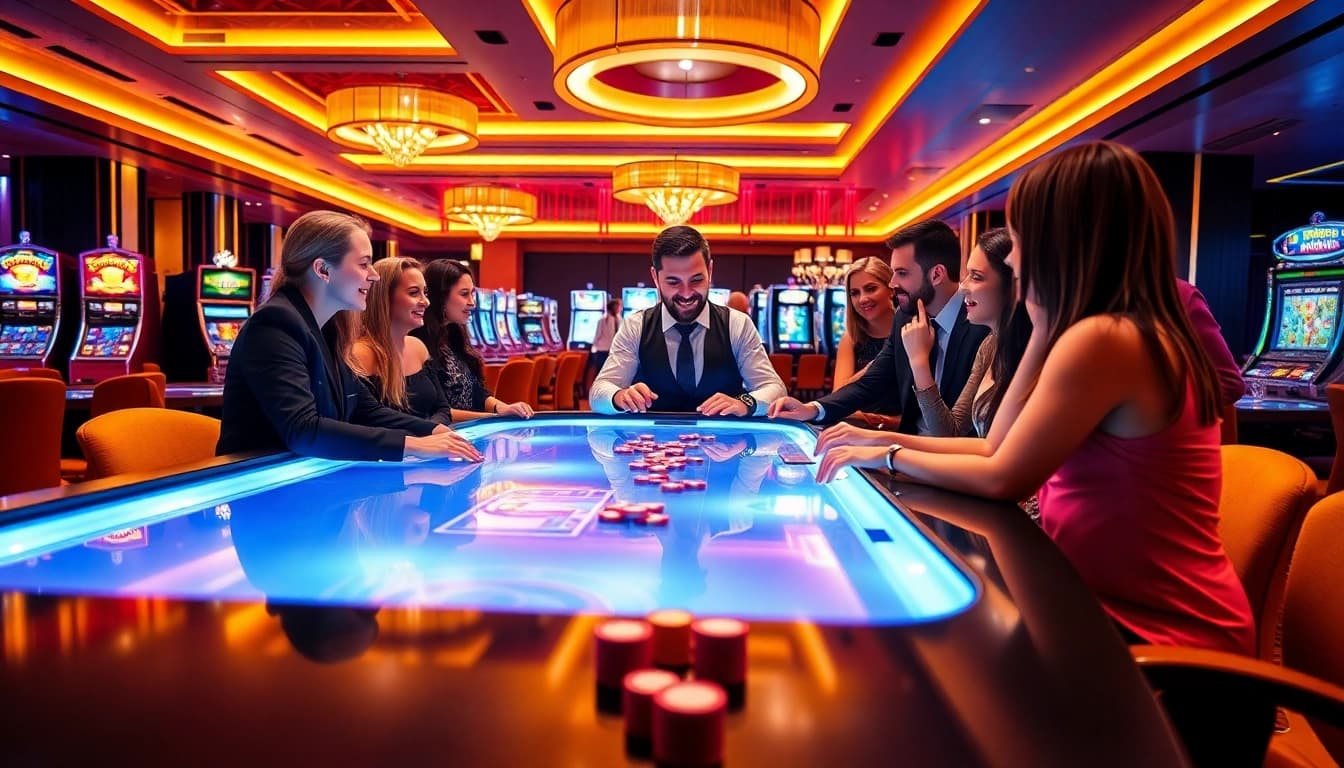 Menggunakan interwin link alternatif dengan chip kasino dan pemain di meja permainan yang hidup.