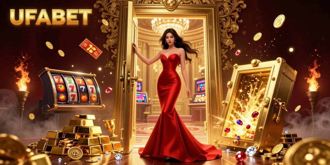 Play exciting slots at UFABET with colorful reels and gems in a luxurious casino setting.