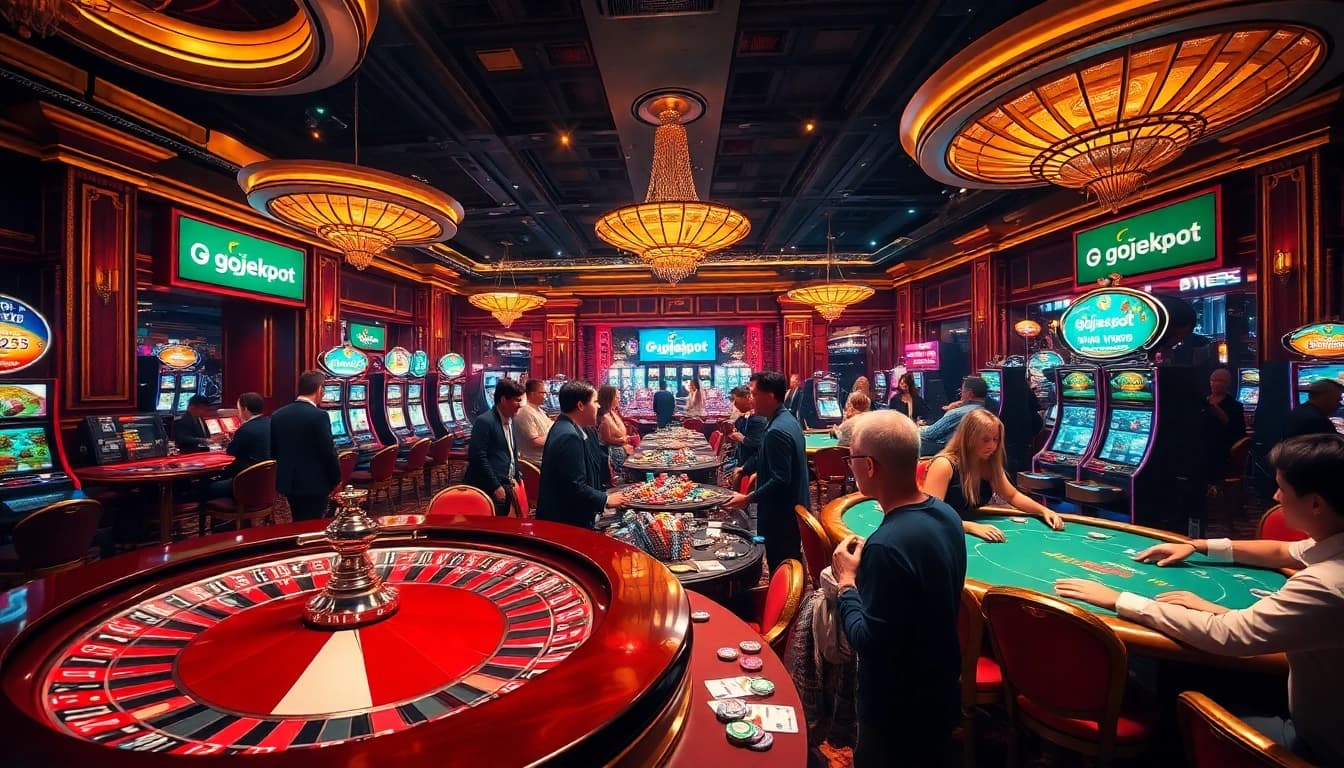 Thrilling casino scene with vibrant gambling action featuring gojekpot-themed slot machines and roulette tables.