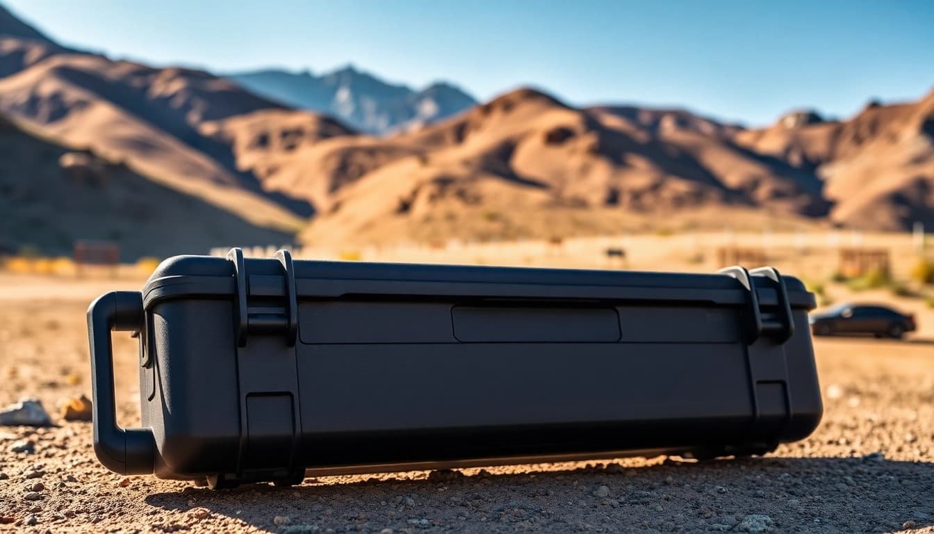 Showcase the pelican rifle case at an outdoor shooting range, emphasizing its durability and design.