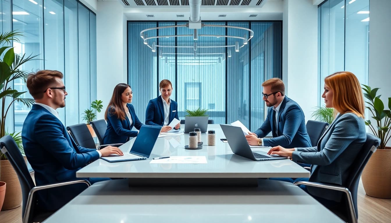 Engaged team of Quickplus Business Consultants collaborating in a modern office setting.
