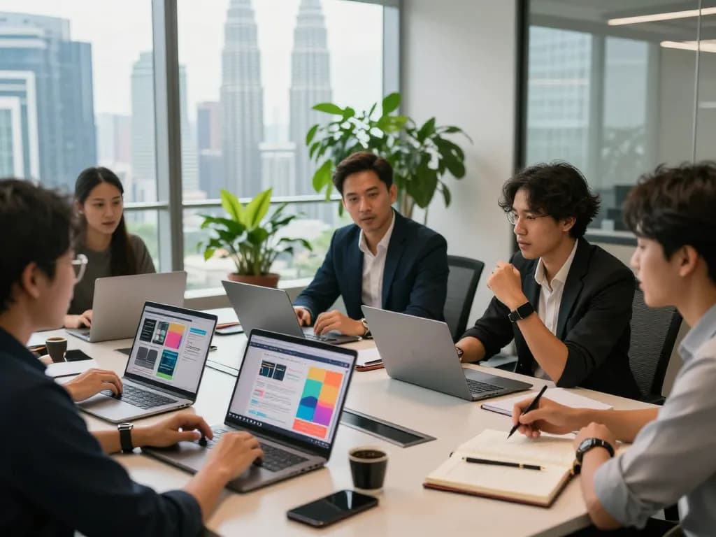 Collaborative session with a web design freelancer Kuala Lumpur team discussing projects in a modern office.