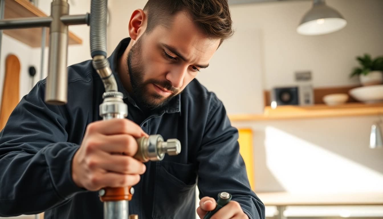 Plumber near me fixing pipes in a modern kitchen, showcasing professionalism and expertise.