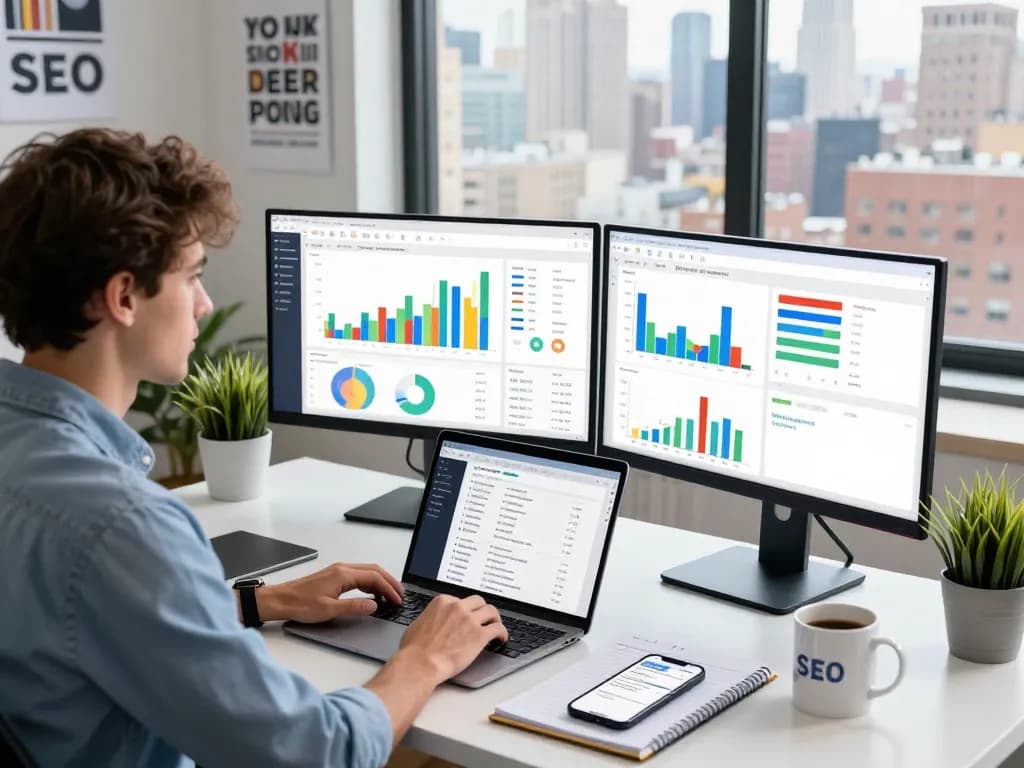 SEO expert analyzing strategies in vibrant NYC office for New York SEO Services