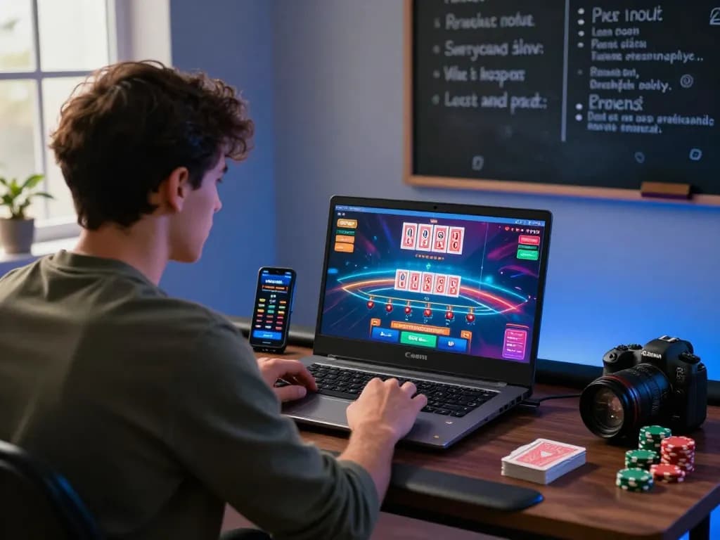 Engaging online baccarat gaming moment showcasing a player immersed in the game at home, featuring live dealer and betting interface.