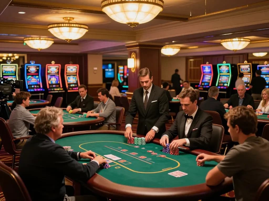 Players enjoying high-stakes games at FAFA828's luxurious casino floor, lively atmosphere.