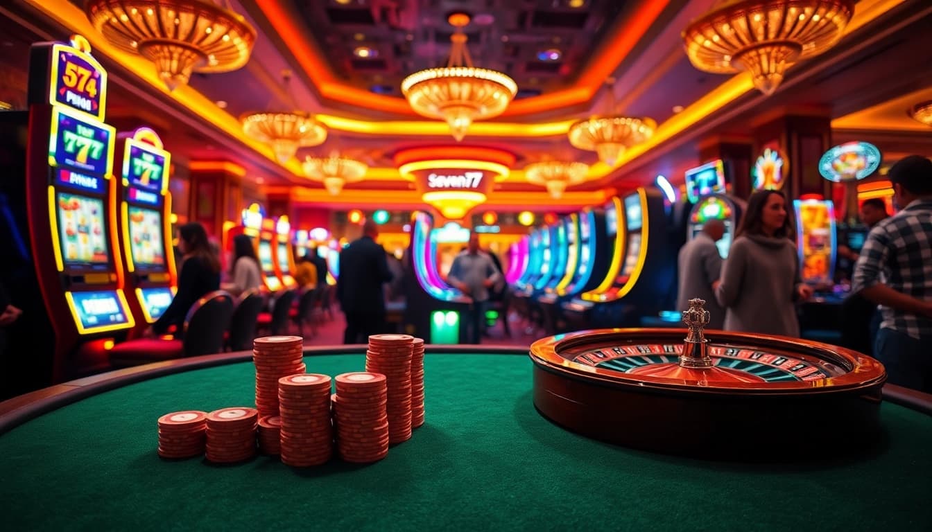 Experience the thrill of winning at casino tables featuring seven77 symbols amid vibrant gambling excitement.