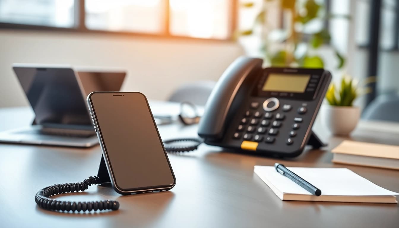 Showcase of business phone setup featuring a smartphone and desk phone for professional use.
