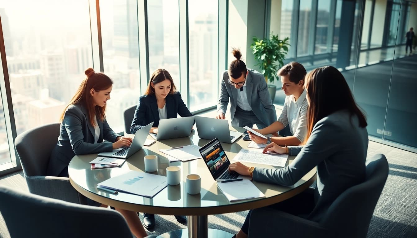 Collaborative team discussing business strategies at https://fidelitycorporate.com in a modern office.