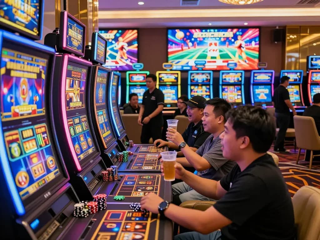 Suasana permainan yang menarik di situs slot gacor dengan pemain menikmati mesin slot yang berwarna-warni.