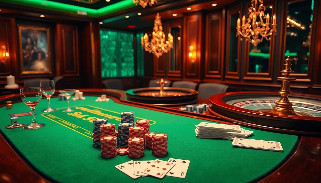 Play high-stakes at nk88.luxury with a luxurious casino setting featuring poker chips and a roulette wheel.