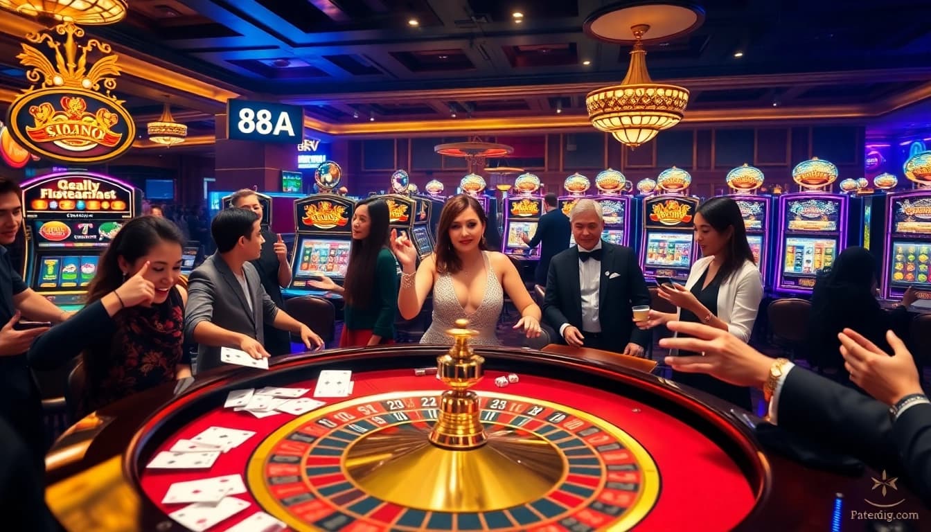 Experience the excitement at 88aa.com with vibrant gambling scenes featuring roulette tables and slot machines.