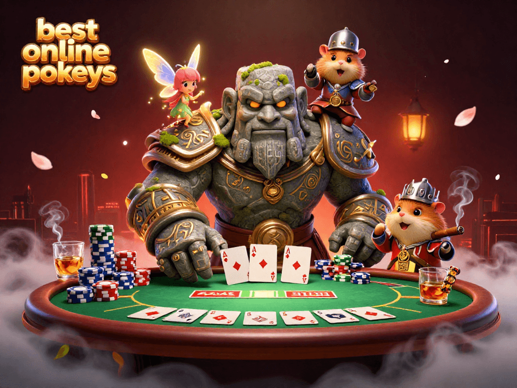Experience the best online pokies with a vibrant 3D casino scene featuring playful characters and poker elements.