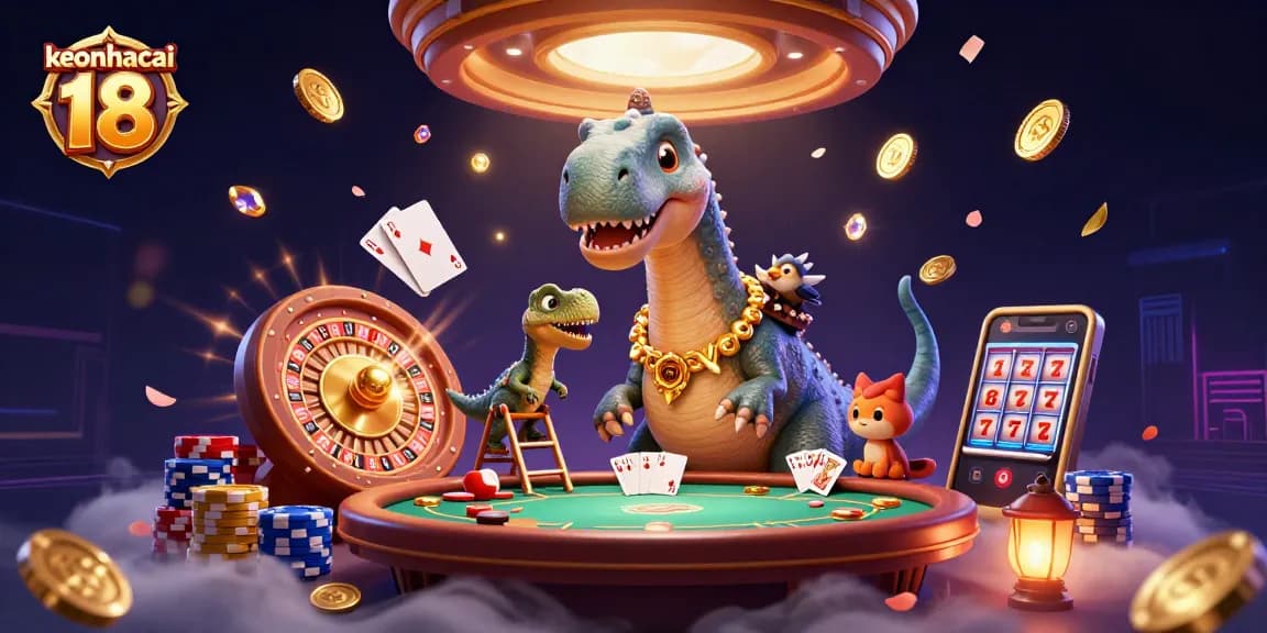 Engage with keonhacai 18 as the brontosaurus towers over a lively casino scene filled with colorful game elements.