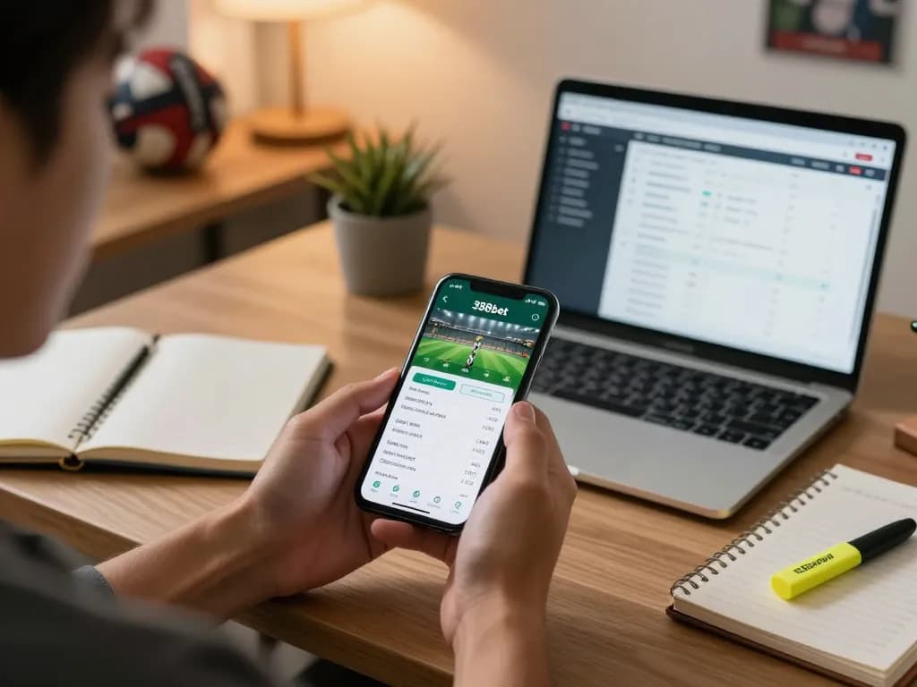 Engaging sports betting action on the 388bet app with strategic analysis in a cozy home office.
