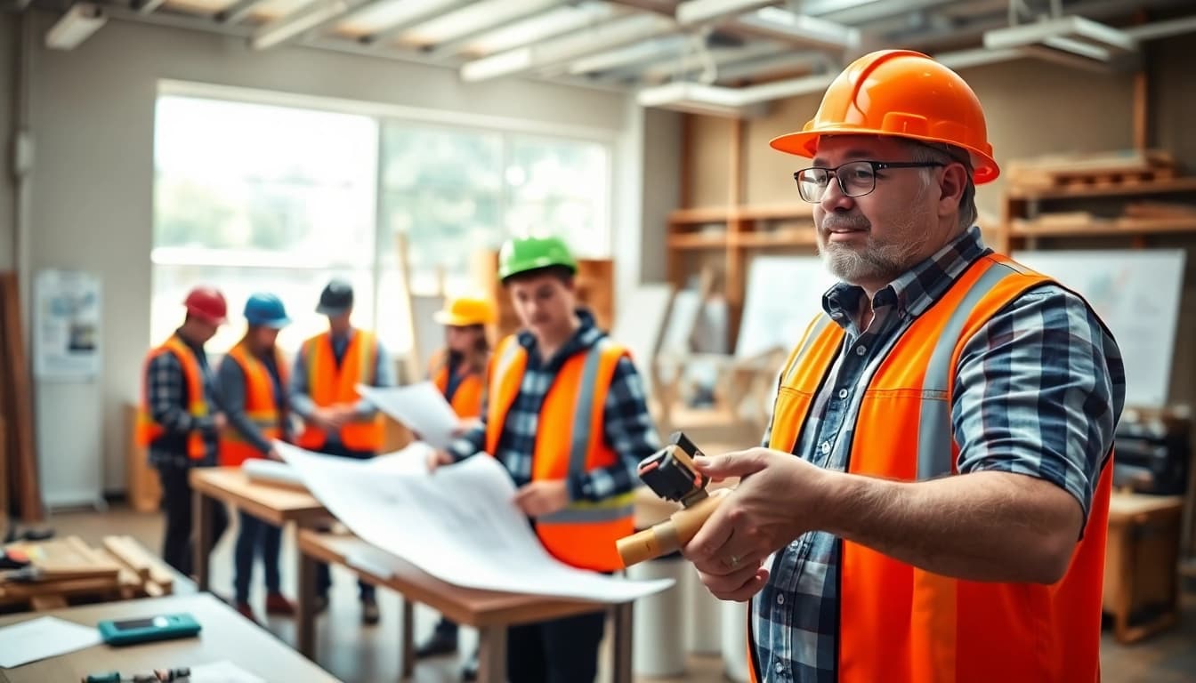 Engaged students learning practical skills in construction classes with an experienced instructor.