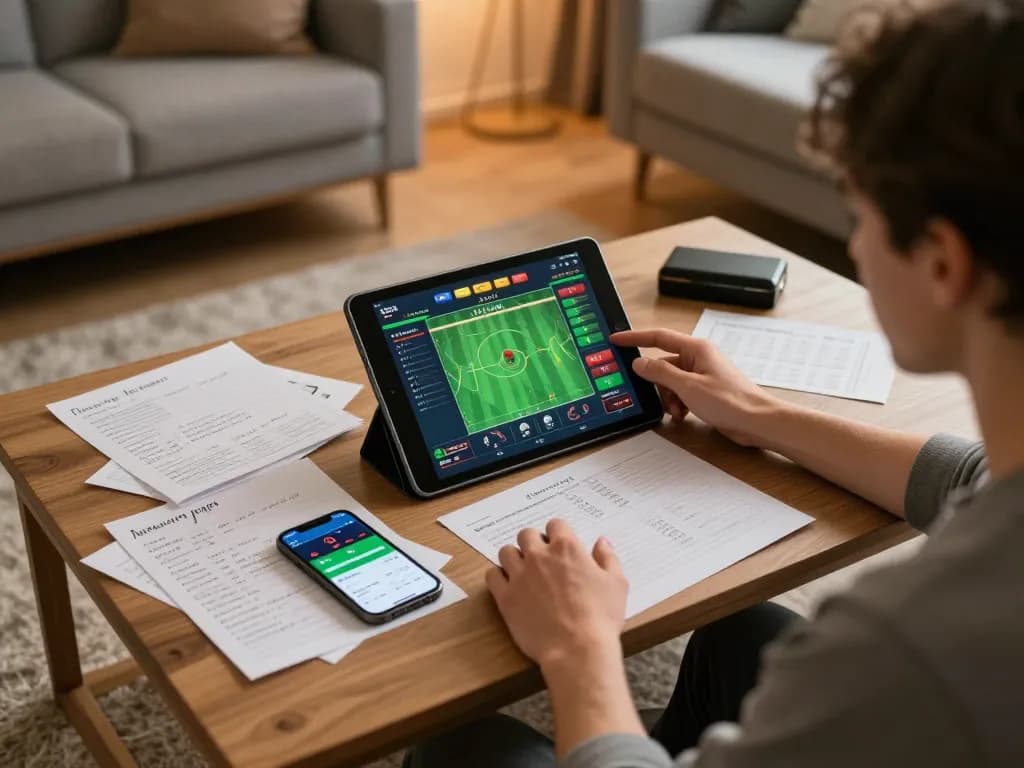 Kèo nhà cái sports betting setup showing a user placing bets on a tablet in a cozy home environment.