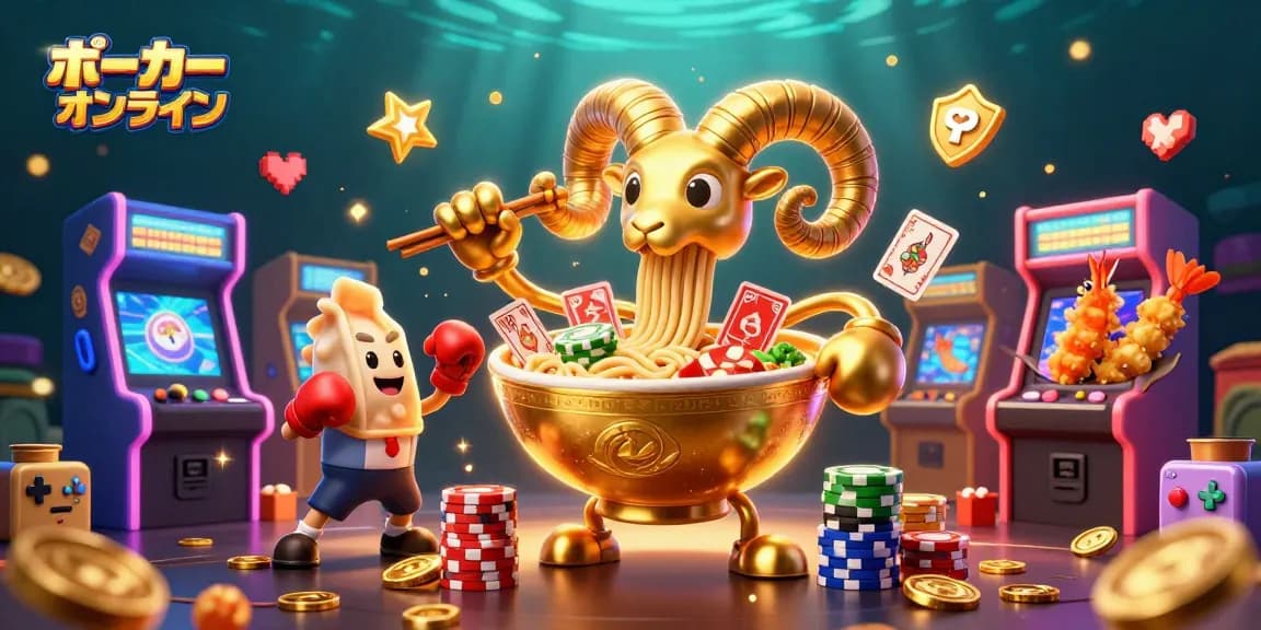 ポーカーオンラインで勝利を目指すゴールデンラーメンボウルと仲間たちが描かれた活気あふれるシーン。