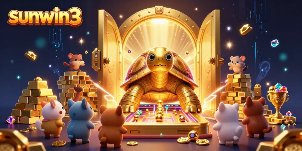 Experience thrilling gaming at sunwin3 with a vivid 3D illustration of a colossal golden tortoise inviting players to enjoy the excitement.