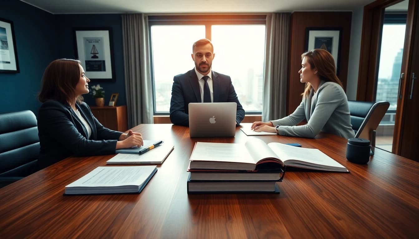 Legal consultation at https://www.agslawfirm.com showcasing a professional attorney and engaged clients.