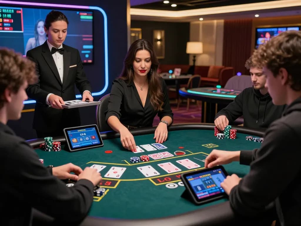 Engaging baccarat gameplay at an online casino featuring diverse players and a live dealer in a vibrant atmosphere.