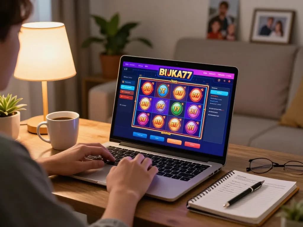Engaging gameplay on BUKA77 online casino, showcasing vibrant slot interface in a cozy home setting.
